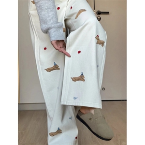 AK2441-P60 美式复古卡通腊肠狗刺绣牛仔裤女春季新款浅色宽松图片