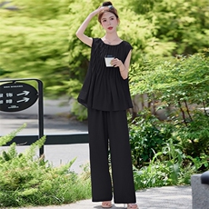 2025年夏季长裤圆领两件套可爱甜美时尚套装冷邹丝面料，女装套装/套裙，布依丽人