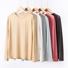 简约舒适休闲百搭莱赛尔天丝钉扣圆领打底衫长袖，女装蕾丝衫/雪纺衫，昭美羊绒