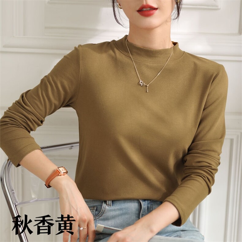 防走光不规则方领螺纹棉长袖打底衫,女装T恤,思沃羊绒