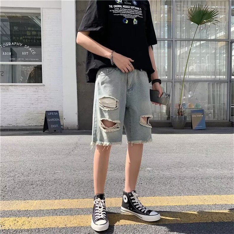 破洞牛仔短裤男夏季ins宽松嘻哈五分薄款休闲裤子N676,男装牛仔裤,星座1116A-1（原606A）