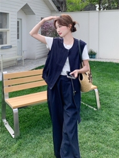 休闲马甲女夏季新款小香风减龄阔腿裤T恤三件套，女装套装/套裙，秀美人生