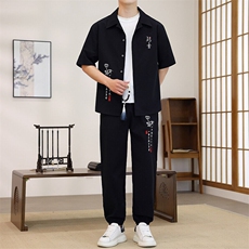 新中式风夏季男士新款短袖套装潮衬衫长裤两件套，男装T恤，星座1206（原A206）