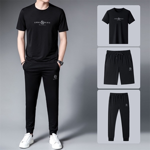 男装2022套装男冰丝薄款夏装POLO衫免烫衣服中老年短袖长裤三件套图片
