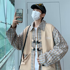 港风ins情侣格子衬衫假两件外套男春秋韩版宽松夹克百搭W3504-P55，男装夹克，星座512-2
