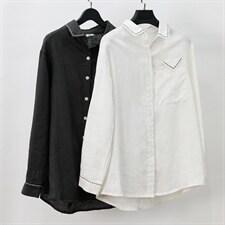 2021春季新款时尚休闲百搭单排多扣翻领亚麻衬衫，女装衬衫，小林双子