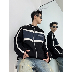 新款撞色条纹夹克男士痞帅潮流时尚机车服外套图片
