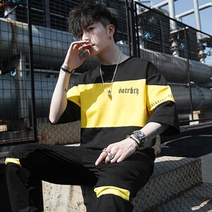 2023夏季新款短袖T恤套装运动休闲宽松潮流两件套男装F12P68图片