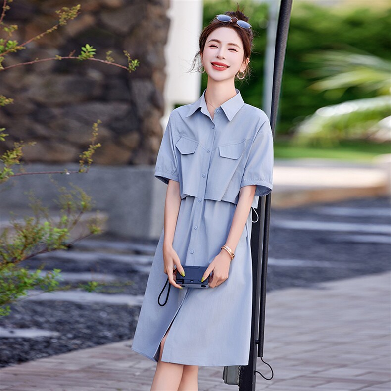假两件绿色森系连衣裙女夏季2026新款小个子收腰高级感衬衫长裙子,女装连衣裙,红依一坊