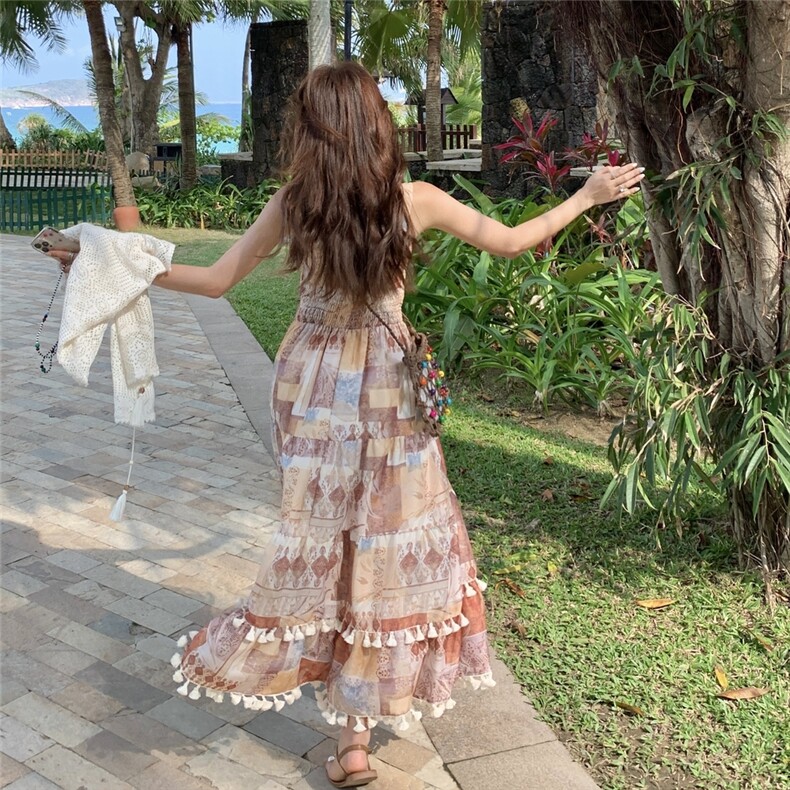 波西米亚连衣裙女2025夏季新款复古气质度假风开衫吊带长裙两件套图片
