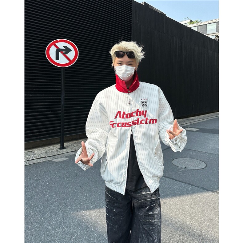 美式街头撞色翻领条纹夹克男女春秋cleanfit高街宽松飞行服外套潮,男装夹克,四季星座505