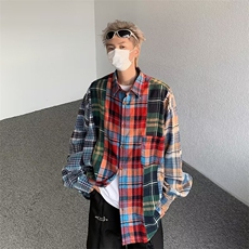 美式街头复古拼接格子衬衫外套男入秋新款潮流格纹长袖HC135P40，男装衬衫，星座1116-2
