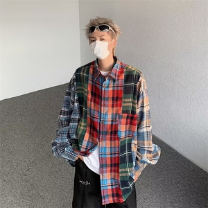 美式街头复古拼接格子衬衫外套男入秋新款潮流格纹长袖 HC135 P40图片