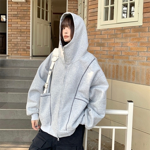 抖音得物高品质秋冬美式高街重磅结构辑明线纹理连帽卫衣外套W111