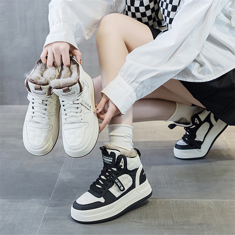 X4522-165高帮棉鞋女2024年冬季加绒保暖休闲厚底板鞋，女鞋短靴，星座1407-3