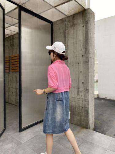 【现货】夏季新款防晒牛仔撞色拼接抽绳立领款半拉链时尚休闲连衣，女装，微迪菲