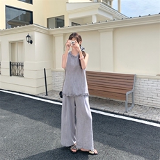 木耳边蓝色无袖衬衫阔腿裤套装女夏ootd穿搭减龄两件套爆款高级感，女装套装/套裙，2D146