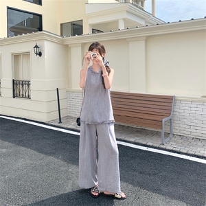 木耳边蓝色无袖衬衫阔腿裤套装女夏ootd穿搭减龄两件套爆款高级感图片