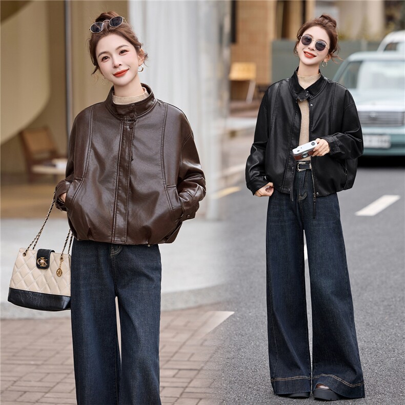 BAO加单了欧货格子衬衫拼接皮短女秋季新款宽松显瘦PU皮夹克上衣，女装皮衣，江南女神