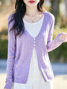拼色假两件精纺羊毛衫女圆领坑条针织长袖毛衣宽松纽扣打底衫上衣图片