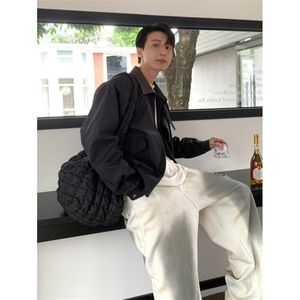街头痞帅廓形短宽垫肩夹克男春秋季休闲宽松翻领机车外套 JW18图片
