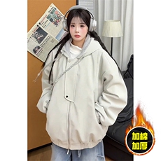 现货高品质美式高街重磅座山雕连帽pu皮棉衣男女加厚毛毛绒冬外套，男装皮衣，电商A486