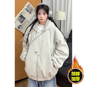 现货高品质美式高街重磅座山雕连帽pu皮棉衣男女加厚毛毛绒冬外套图片