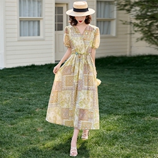 法式复古波西米亚风连衣裙2025夏季新款时尚收腰显瘦印花裙子女，女装连衣裙，魅丽静蓝