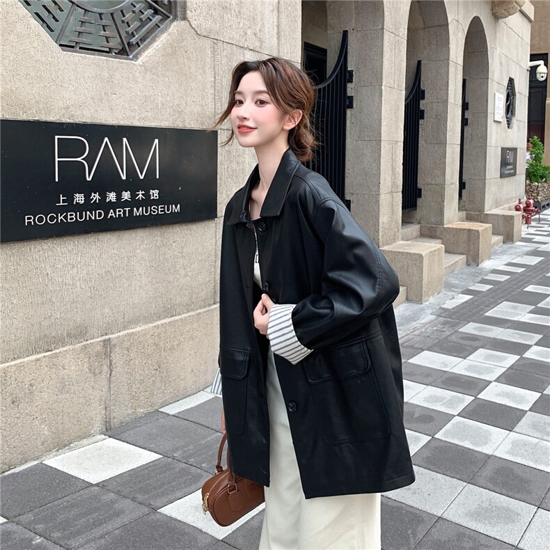 2025新款时髦复古夹克秋季女潮皮衣外套223-1385，女装皮衣，欣美人