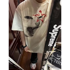 美式摇滚猫印花朋克短袖男vintage重磅纯棉正肩t恤宽松情侣半袖潮，男装T恤，星座506A