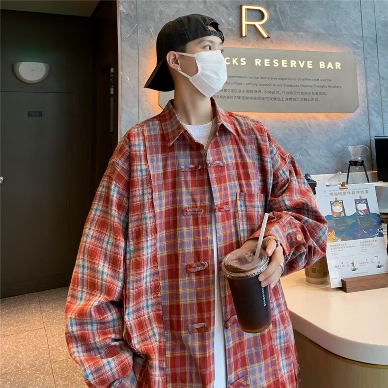 时尚复古风格子衬衫长袖男女宽松春秋季休闲情侣潮盘扣衬衣C453,男装衬衫,星座601-2