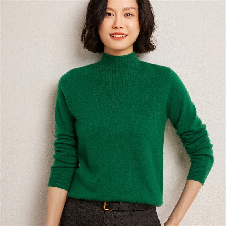 秋冬季35%羊绒65%羊毛休闲百搭12针麻花半高领羊绒衫,女装羊绒衫,广悦羊绒