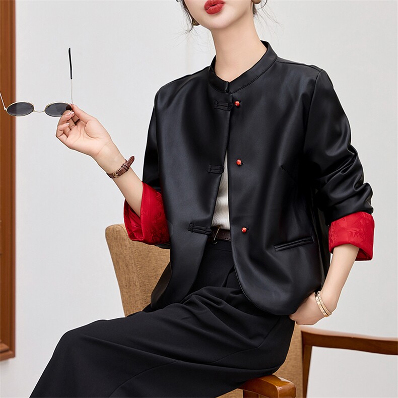 现货新款仿真皮皮衣2024春装立领仿绵羊皮夹克新中式短款外套女,女装皮衣,潮流依族