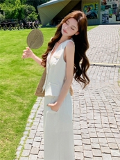 时尚洋所马甲套装女夏季新款职场风V领西装马夹外套阔腿裤两件套，女装套装/套裙，水衣源