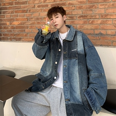 高街牛仔外套男韩版潮拼色字母刺绣2023秋冬新款ins夹克W5009-P65，男装大码男装，星座412-3