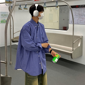24美式复古蓝色格子长袖衬衫中性宽松绣花衬衫外套男女 H993 P58图片