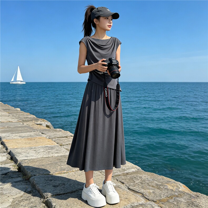 韩系深灰色时尚套装裙女夏季新款褶皱设计短袖上衣半身长裙两件套,女装套装/套裙,江南