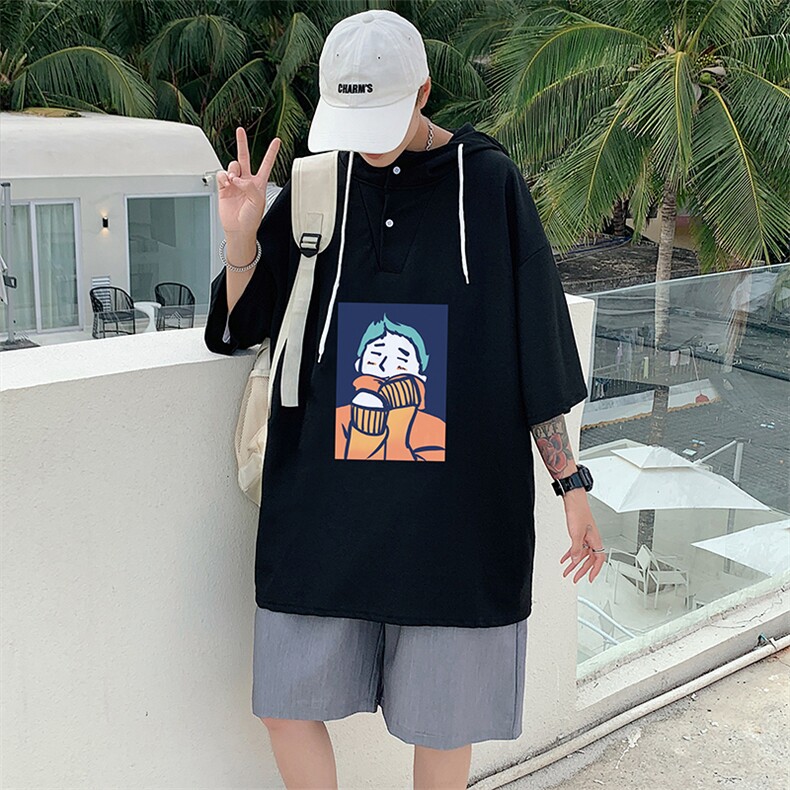 LD54042-P45连帽短袖t恤男大码胖子带帽五分袖中袖,男装T恤,电商A040