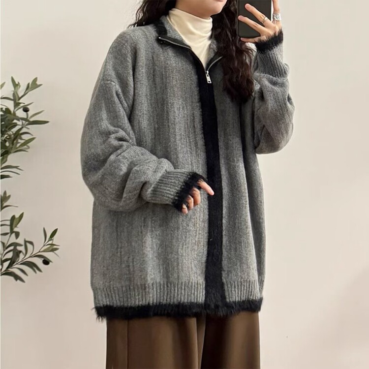 韩版简约刺绣圆领百搭软糯加厚开衫外套女2025春季休闲针织衫毛衣图片