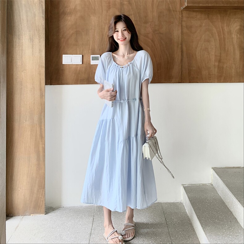 法式收腰浅蓝色连衣裙女夏2025新款独特漂亮绝美超好看高级感裙子,女装连衣裙,2C093