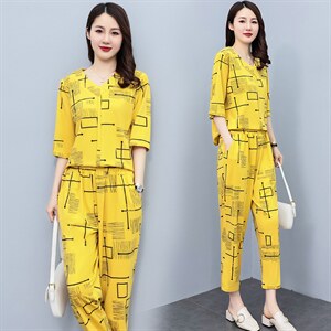 HXY802夏季妈妈套装2022新款印花透气短袖洋气休闲时尚减龄两件套图片