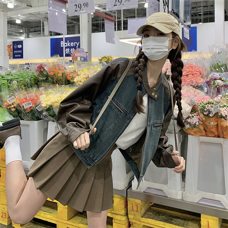 美式复古牛仔拼接皮衣外套女2025年春季新款今年流行小个子短外套,女装皮衣,浙宝189