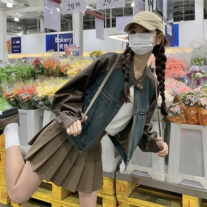 美式复古牛仔拼接皮衣外套女2025年春季新款今年流行小个子短外套图片