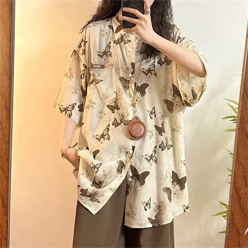美式复古满印蝴蝶短袖衬衫男女宽松休闲设计感夏季半袖CSK5244,男装T恤,星座516A