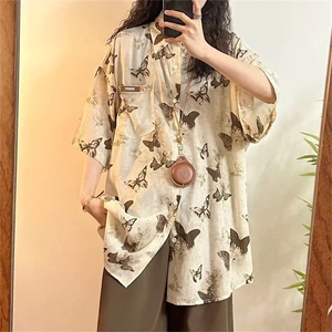 美式复古满印蝴蝶短袖衬衫男女宽松休闲设计感夏季半袖CSK5244图片