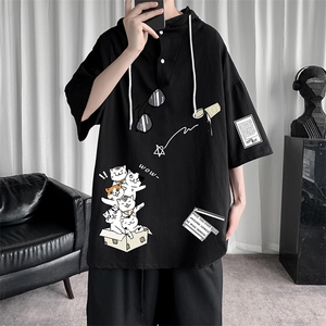 LD54115-P45 连帽短袖t恤男大码胖子带帽五分袖中袖图片