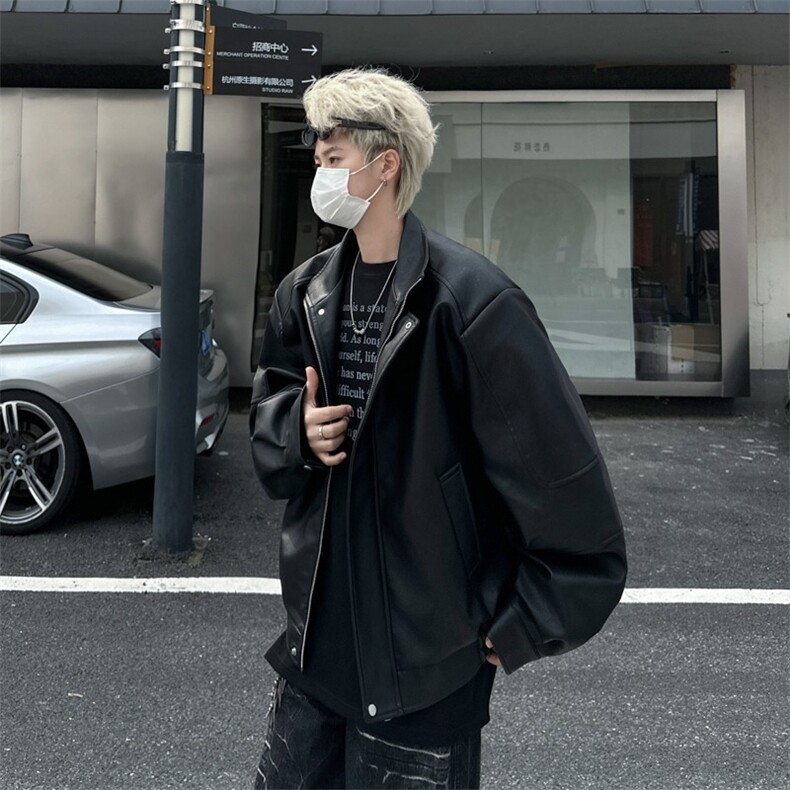 【有货】DHY199-P76垫肩夹克外套男设计感廓形翻领短款pu皮衣外套,男装夹克,星座603-2