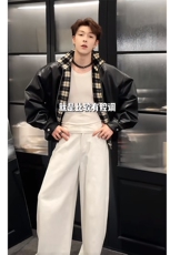 秋冬复古格子拼接机车皮衣夹克外套男潮JK2377-P145（网图），男装夹克，电商B267