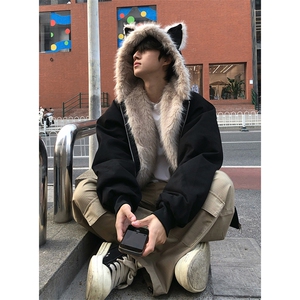现货重磅硬挺boxy羽绒棉衣座山雕猫耳大毛毛领麂皮棉服冬外套