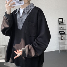 WY10153-特P48控88小众撞色面料拼接格子假两件大码男宽松卫衣，男装卫衣，电商A059